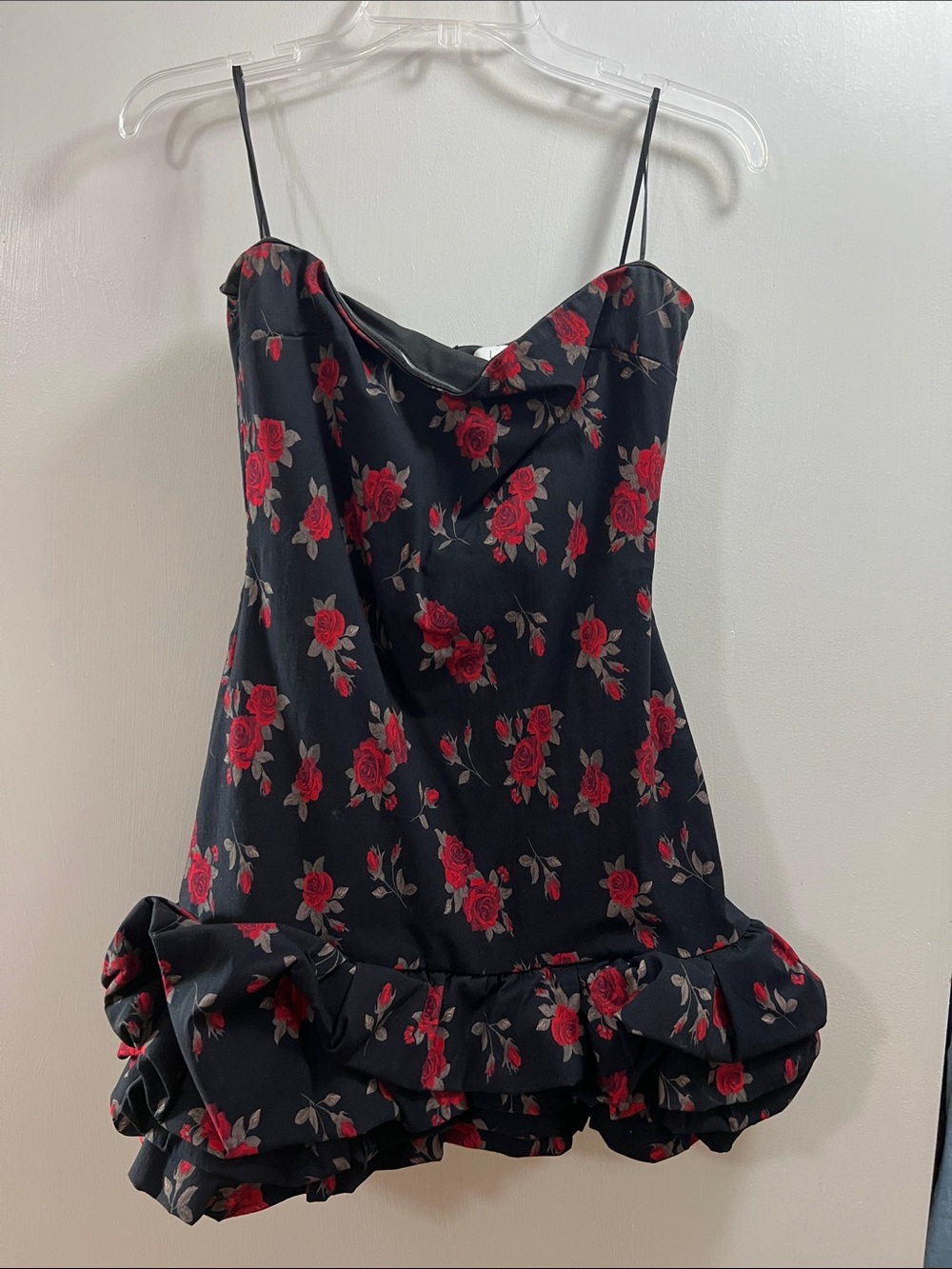 Cowl Neck Black Mini Dress with Red Rose Print